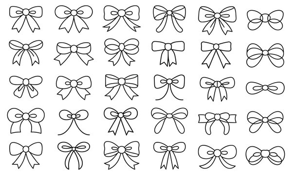 Large set of thirty elegant minimalist ribbon bow line art icons arranged in a neat grid on a bright white background.