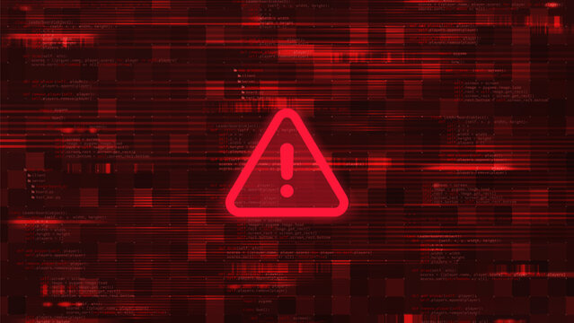 Warned virus malware attack or data breach concept. Red dark vector background with warning red alert sign, random parts of program code and glitch effect. Malware, cyber attack, ransomware or hacking