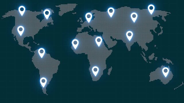World map composed of dotted pixels with white location pins. World map dotted pixels location. Professional world map for global digital navigation and international logistics tracking.