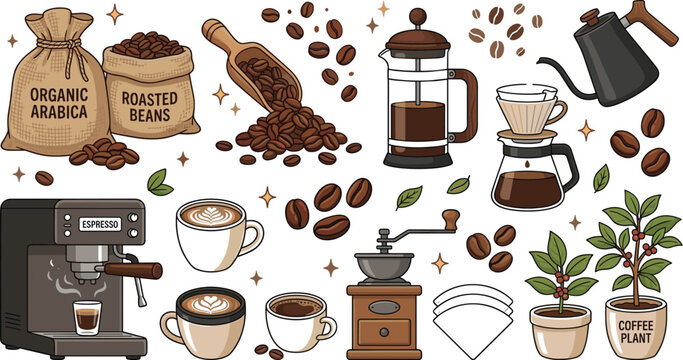 Coffee Brewing Equipment Icon Set with Espresso Machine French Press Pour Over Kettle Grinder Sacks of Roasted Beans and Potted Plants Vector Illustration
