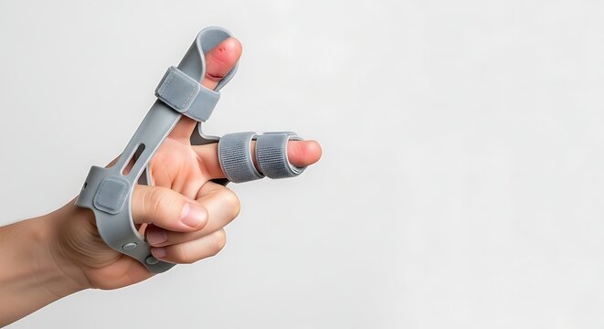 Hand with finger brace isolated on white background medical concept