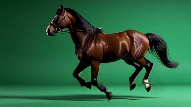 Brown horse trotting on solid green background in studio lighting