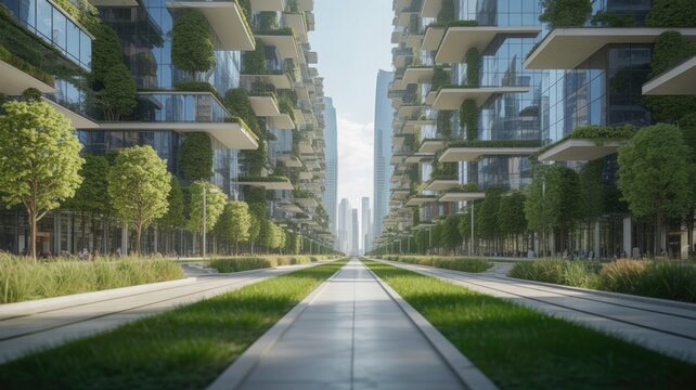 Futuristic eco city skyline featuring modern residential towers with integrated vertical forests and lush green spaces showcasing sustainable urban development and harmonious