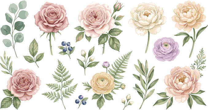 Elegant Watercolor Floral Element Set with Delicate Peonies Roses Ranunculus Flowers Fern Leaves and Eucalyptus Branches Vector Illustration for Wedding Invitation Designs