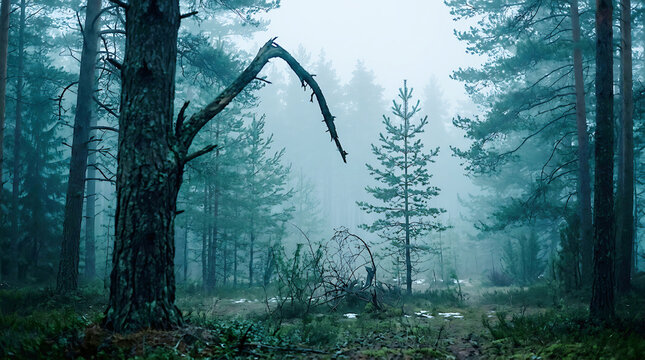 Misty forest scene with broken tree branch forming an archway