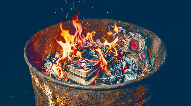 Books burning in a metal container with bright orange and yellow flames