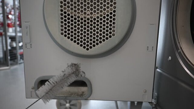 Woman cleaning dryer vent with brush to remove dust and lint buildup at home