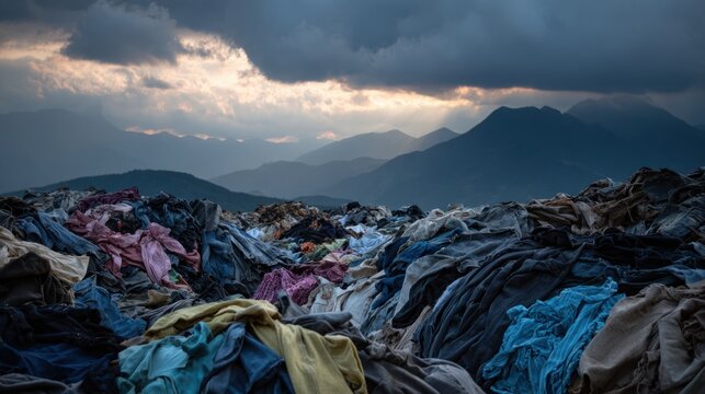 Mountainous landscape covered with a large pile of discarded, colorful fabric waste under a moody sky