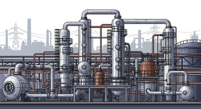 Industrial factory piping system infrastructure.
