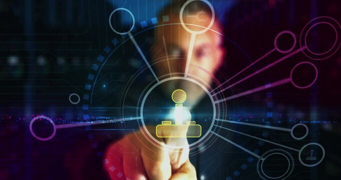 Joystick video game controller symbol digital abstract 3d concept. Finger touch screen. Cyber technology and network background. Man pushes computer display.
