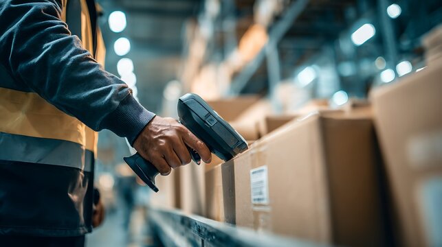 Warehouse worker scans barcode on a package with a scanner in a logistics facility