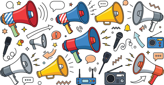 Megaphone and Loudspeaker Icon Set with Retro Radios Microphones Speech Bubbles and Sound Wave Symbols Vector Illustration for Marketing and Announcement Designs