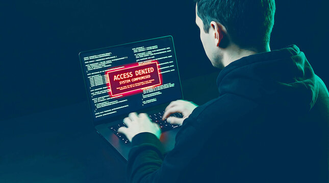 Computer hacker with access denied screen, cyber security breach on laptop, dark hoodie background for information technology security banner