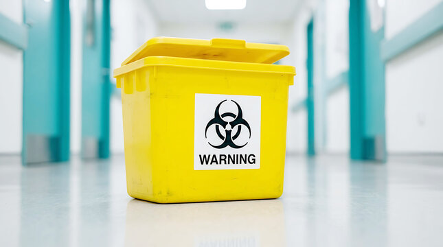 Yellow hazardous waste bin with biohazard warning label in indoor setting