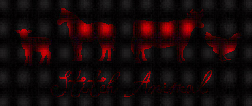 Cross  farm animal set in vintage style with cow, pig, sheep and poultry silhouettes. Embroidery pixel design with rustic butcher shop theme. Perfect for textile, patterns, farm branding.