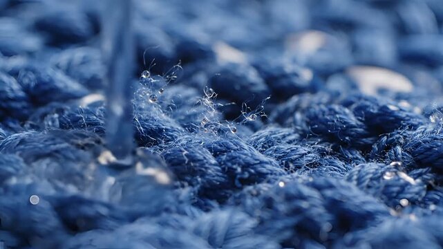Closeup Macro Shot of Blue Fabric Texture with Water Droplets.
