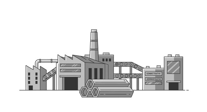 Industrial factory with smokestack and machinery.