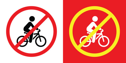 Fototapeta premium No cycling prohibition sign set. Includes a black bicycle icon in a red circle and a white icon in a yellow circle. Perfect for pedestrian zones, private property, and traffic control.