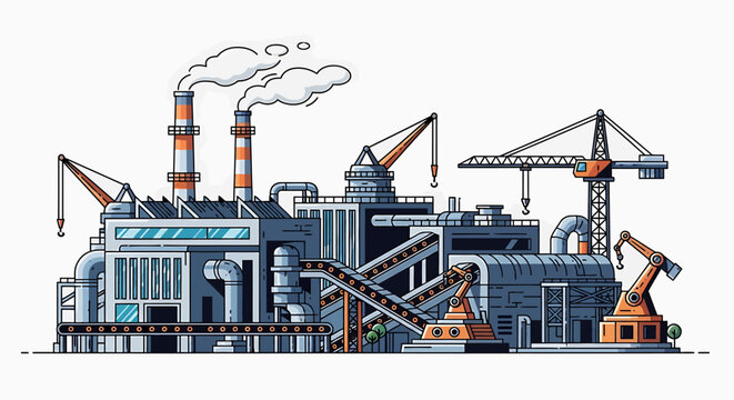 Industrial factory with smokestacks and cranes.
