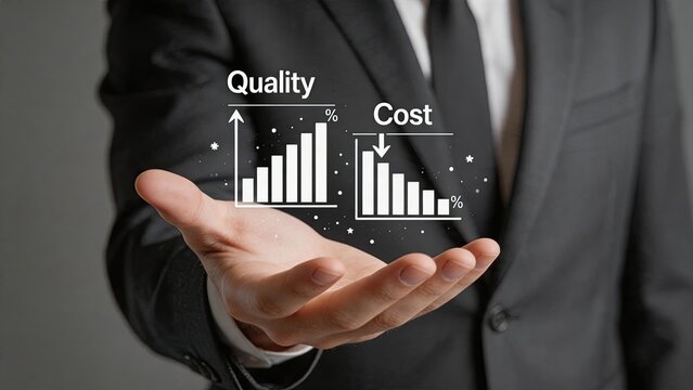 Businessman hand holding holographic charts showing quality increasing and cost decreasing, visualizing economic efficiency, budget optimization, value improvement, and strategic