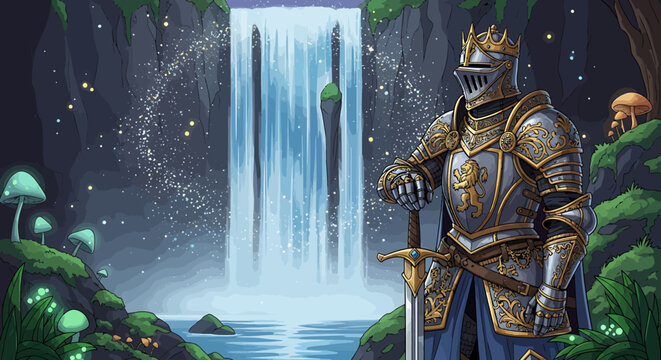 Knight in armor with crown standing.