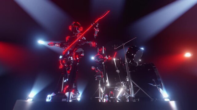 Seamless loop 3D animation of Futuristic robot musicians playing glowing electric guitar on stage with spotlights. For VJ sets, high-tech club visuals,  electronic music festivals, stage screens and f
