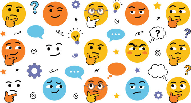 Thinking Emoji Face Icon Set with Confused Emoticons Question Marks Speech Bubbles and Lightbulbs Vector Illustration for Brainstorming and Problem Solving Concept