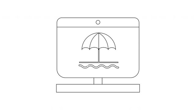 Computer Screen Displays Beach Scene with Umbrella and Waves.