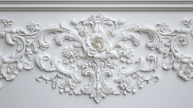 Ornate decorative plaster molding with intricate floral and scroll motifs on a smooth wall surface