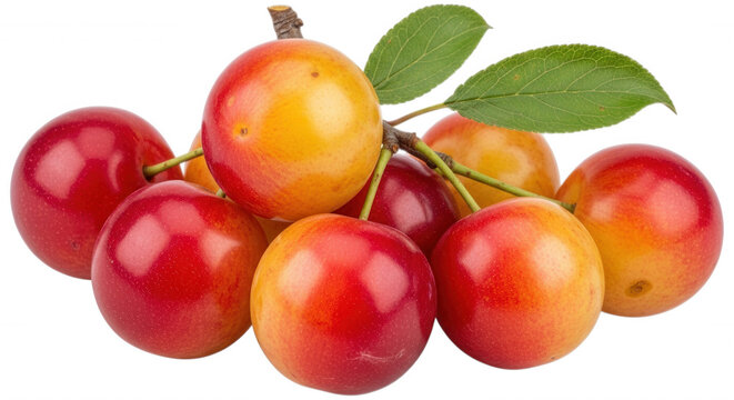 A cluster of fresh rainier cherries with yellow and red skin, attached to green stems and leaves, isolated on a solid black background