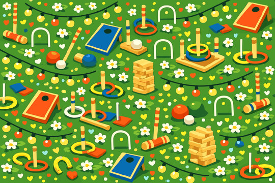 Colorful outdoor games set in a green field during a sunny day with various activities for all ages