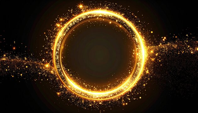 A radiant, golden ring is at the image's center, emitting particles that expand outwards against a deep black background