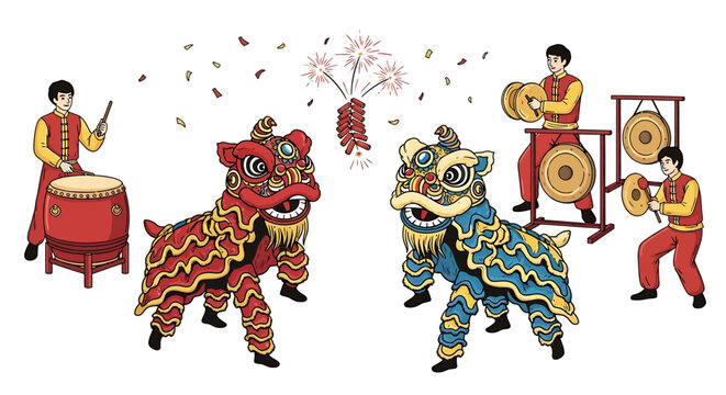 Lion dancers performing traditional Chinese dance.