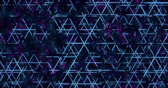 Bright triangular wireframe shapes create a futuristic cyber pattern over a dark cosmic background.