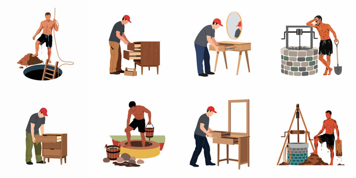 Vector illustration set of men engaged in various manual labor activities, including furniture assembly, well digging, and water collection.