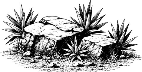 Black and white of desert rocks and agave plants white background, stone © Lisa_Stock