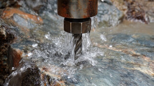 Drill bit penetrating rock with water flow, representing well pump installation and drilling extraction process.