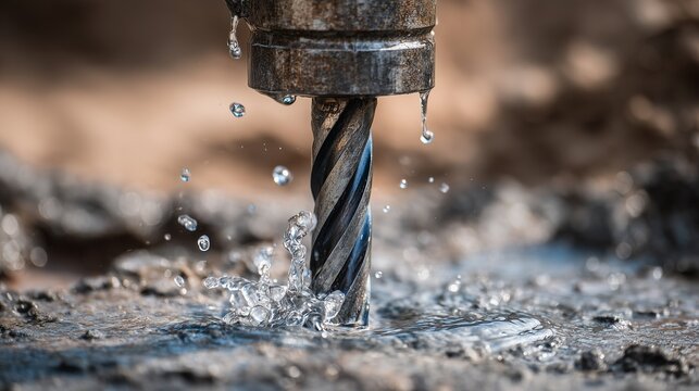 Closeup of drill bit cutting into rock with mud and water spray during borehole logging drilling operation.