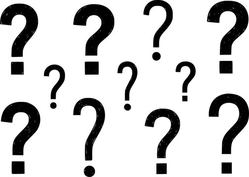 Black hand-drawn question marks scattered a white background, symbol