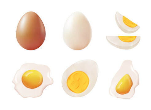Large collection of egg 3D vector illustrations featuring whole eggs, fried, boiled halves, quarters, empty shells. Food ingredients set for farm market branding, cooking menu, healthy diet nutrition.