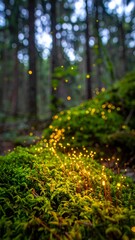 Fototapeta premium Fireflies on mossy forest ground at dusk.