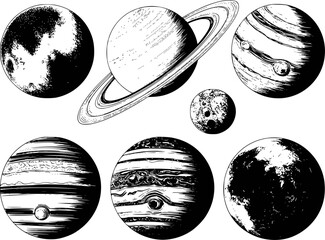 Hand-drawn black and white planets and moons collection white background, space astronomy © Lisa_Stock