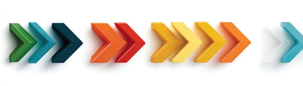 A sequence of forward-pointing arrows in a row, each a different shade of color. They have 3D appearance with shadows