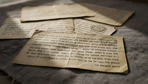Old letters from ghetto scattered on surface for holocaust remembrance day concept, documenting jewish history and genocide during world war ii with hebrew script and stamps