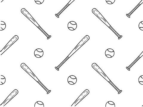 Seamless pattern of hand-drawn baseball bats and balls white background, sport game