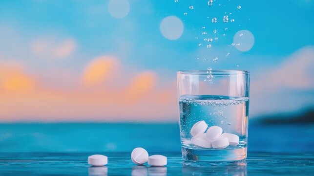 vitamin Effervescent Tablet and Glass of Water Close up of bubbles rising as a tablet dissolves, showcasing easy to digest vitamins.