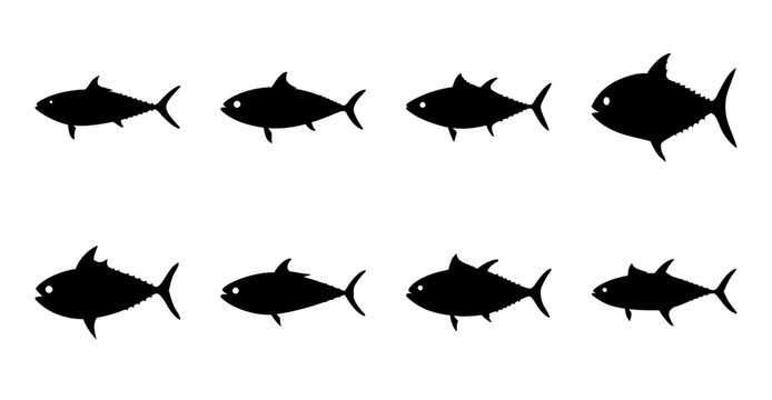 Black silhouette shapes of different tuna fish species on a white background