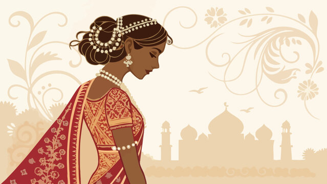 Beautiful indian woman in traditional red and gold sari with ornate jewelry and hairstyle