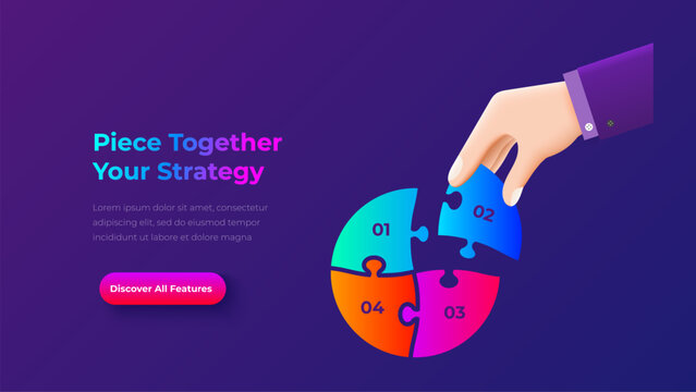 Hand Placing Four Piece Puzzle Strategy Diagram on Dark Background