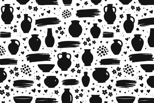 Various black pottery shapes on a white background with random dots and hearts